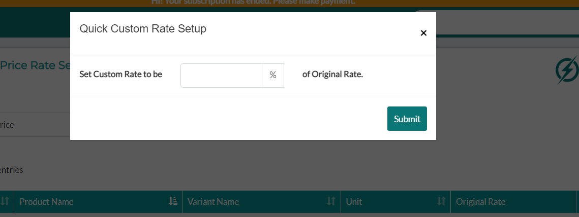 quick customer rate setup page