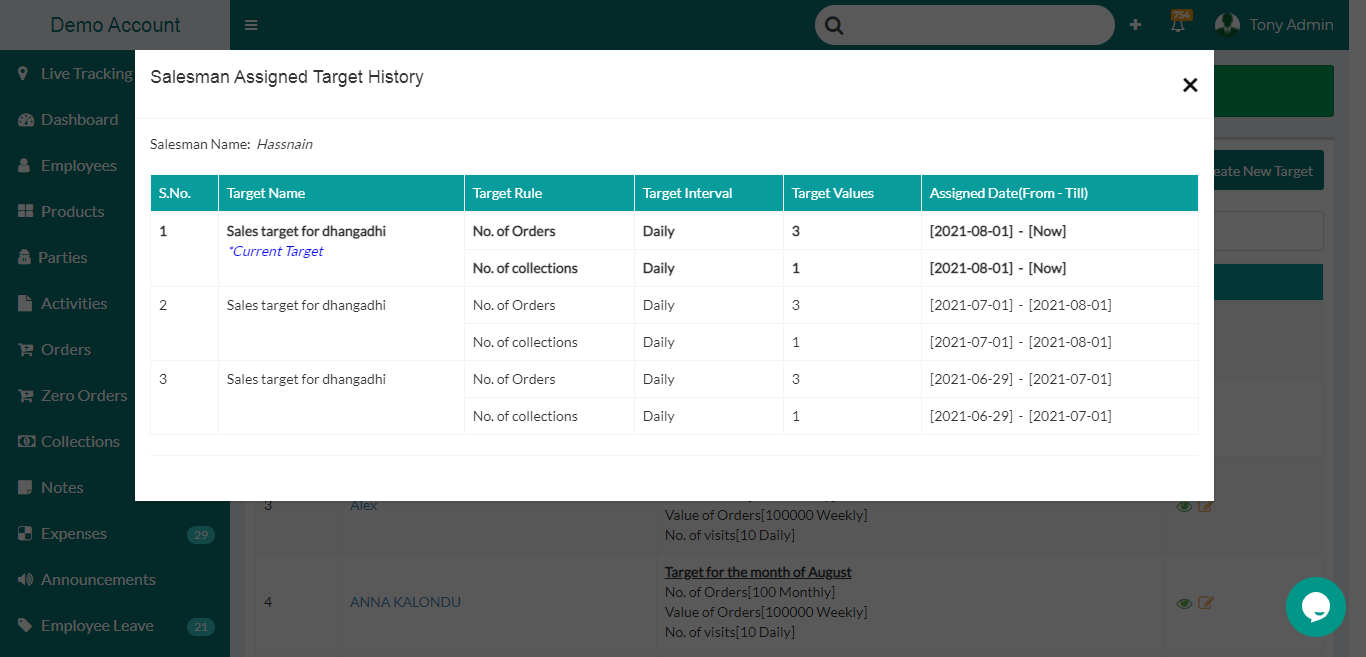 salesman assigned target history