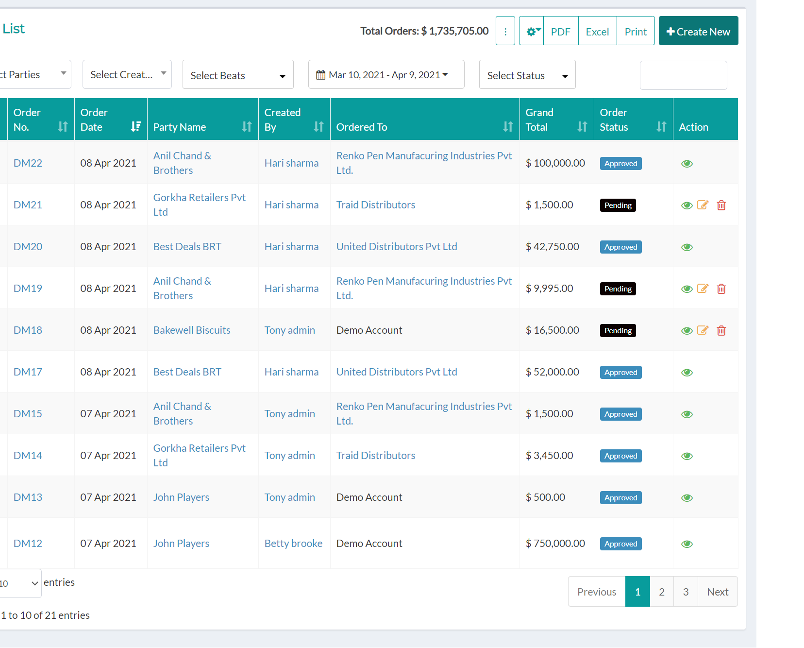 order list page